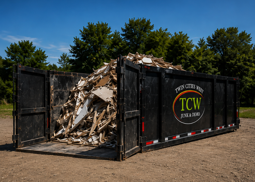TCW Junk & Demo branded dumpster loaded with demolition debris